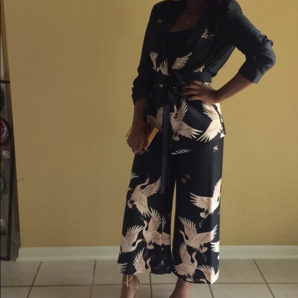 Asia Bird kimono print wrap blazer pant suit set